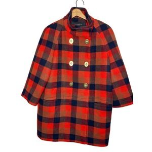 COACH size M Red Tartan Plaid Double Breasted Turn Lock Wool Coat Women